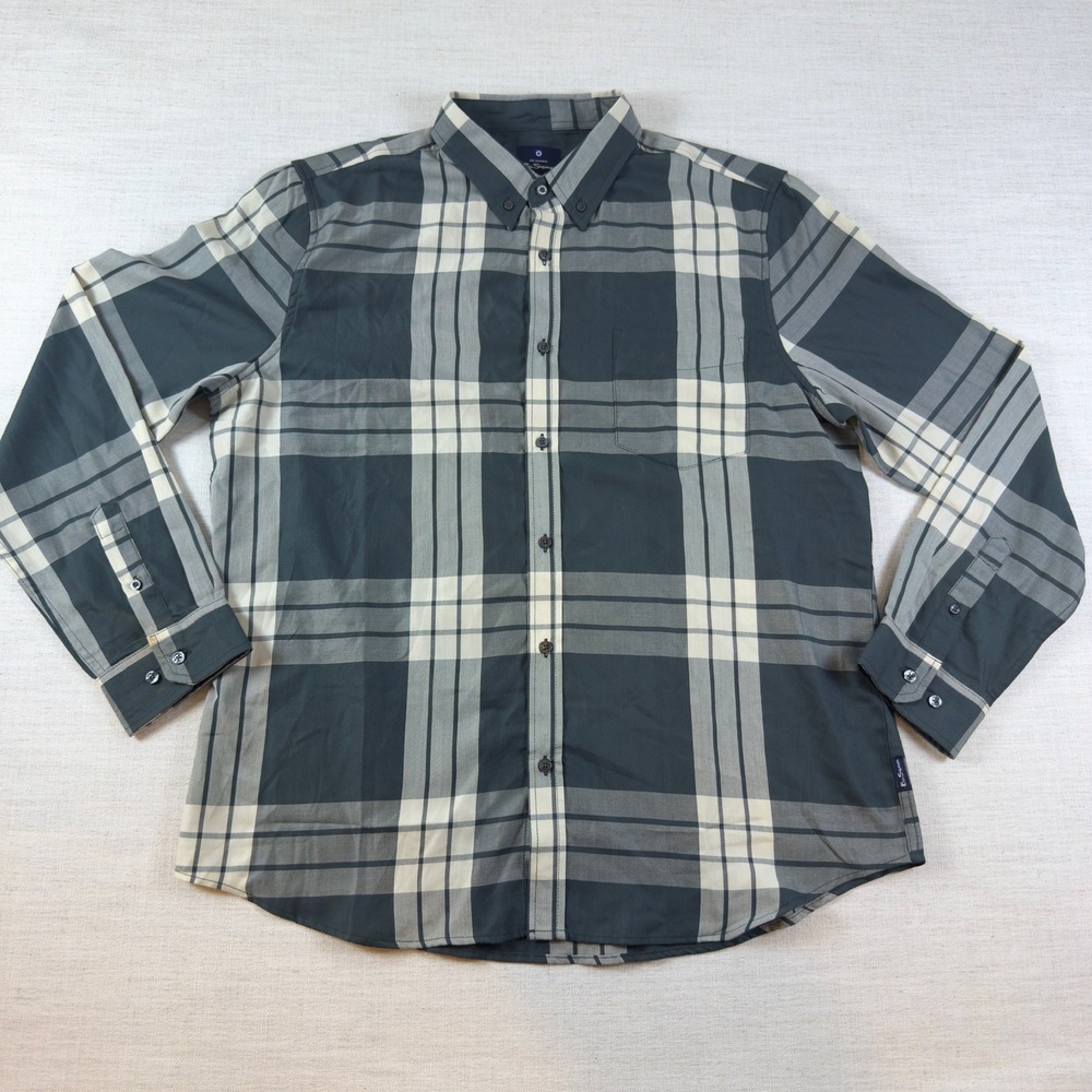 Ben Sherman Mens XL Plaid Button Down Shirt Grey Cream Long Sleeve Pocket